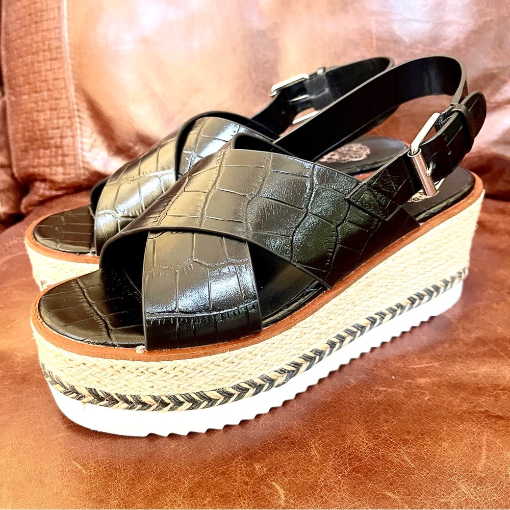 Vince Camuto Marietter Genuine Croc Embossed Leather Wedge Slingback Sandals Sz8 - Picture 6 of 14